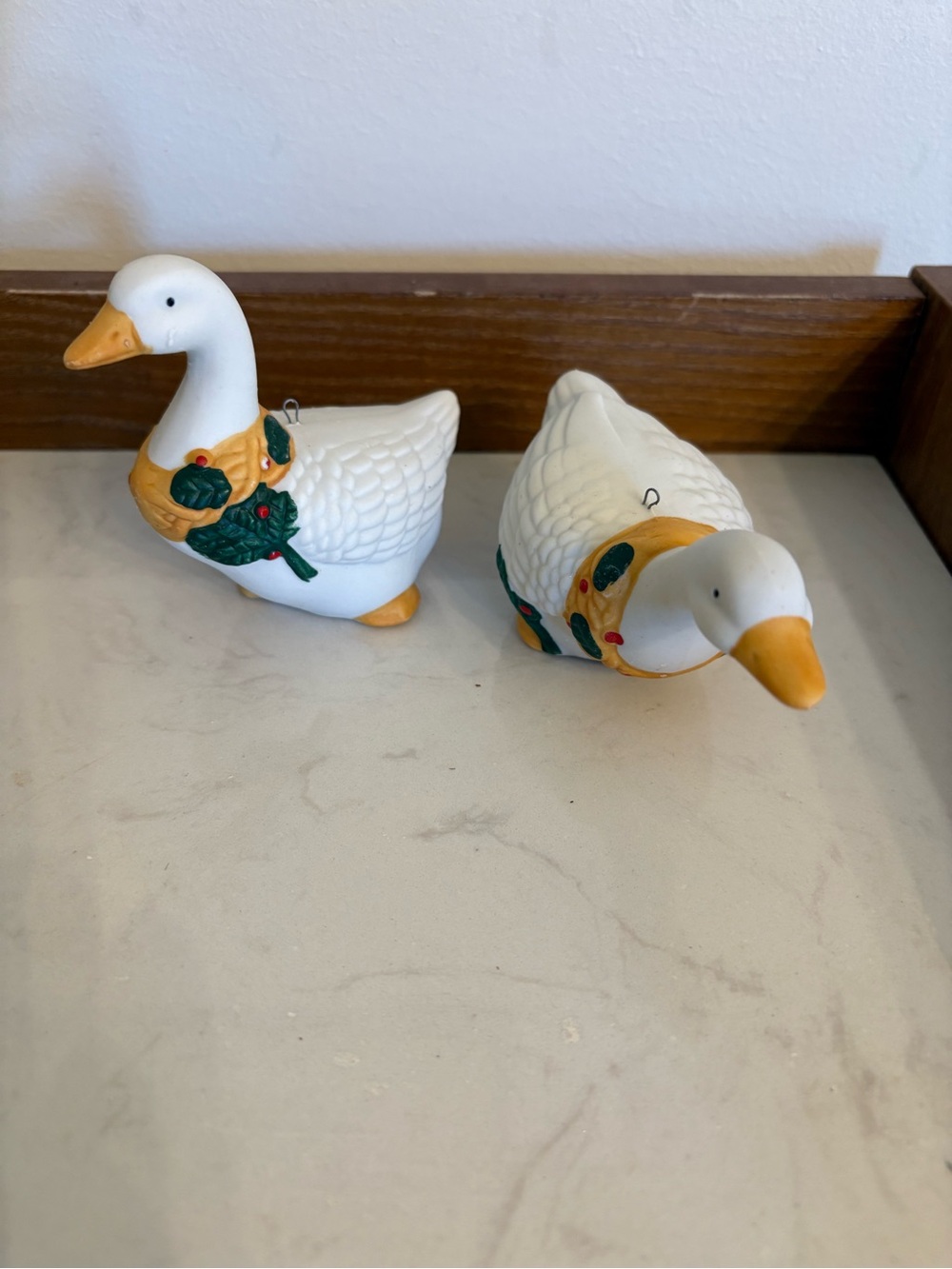 Goose Christmas Around the World Pair of White Ceramic Holiday Ornaments